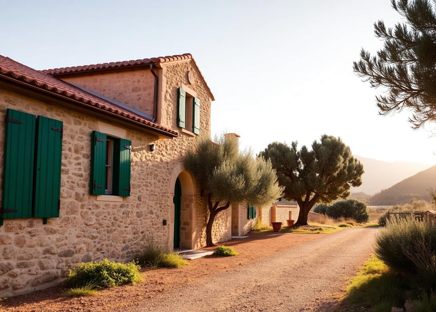 Agroturismo mallorquín de piedra rodeado de olivos