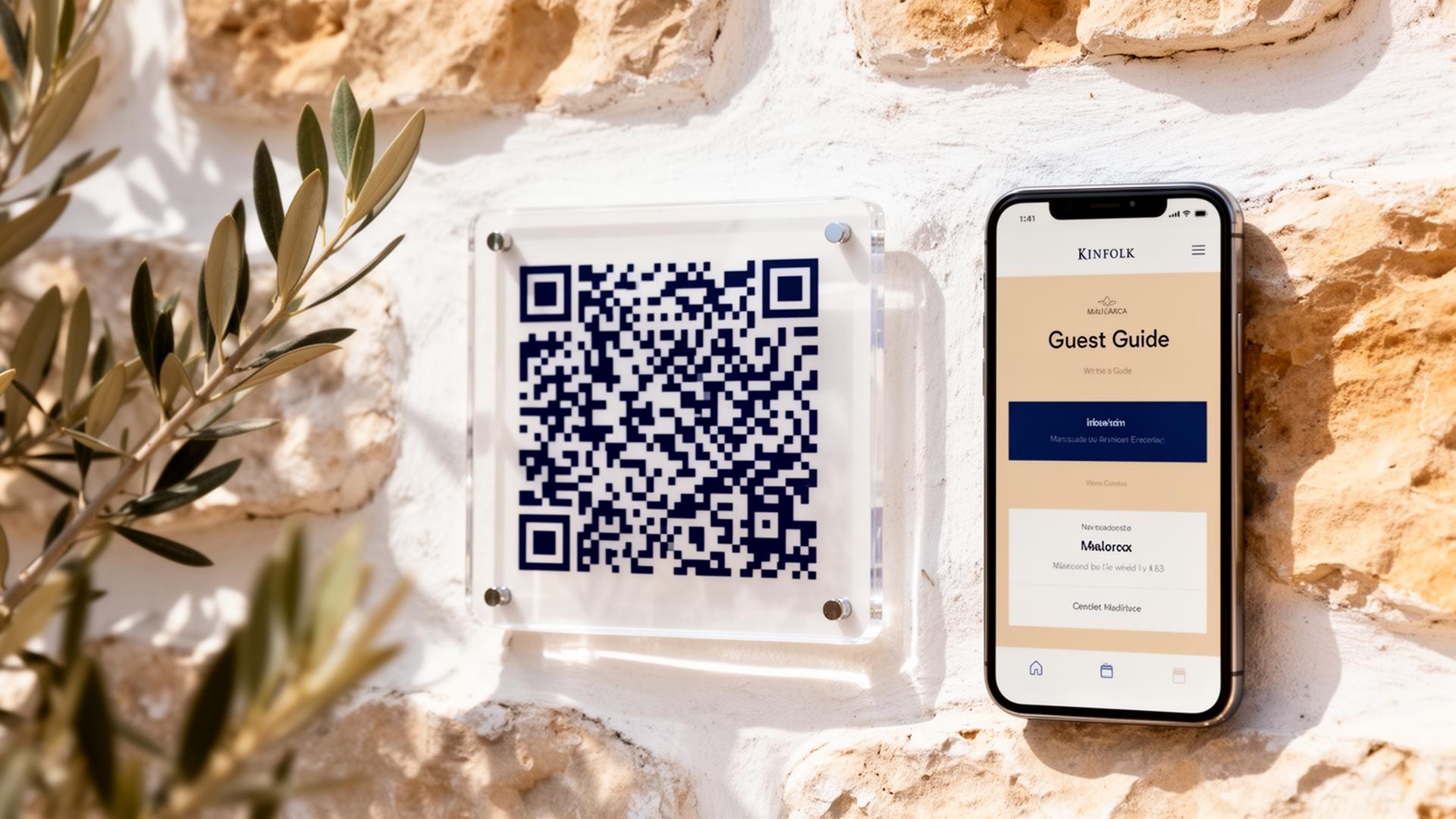 Placa QR para alquiler vacacional sobre pared mediterránea junto a móvil mostrando la guía digital