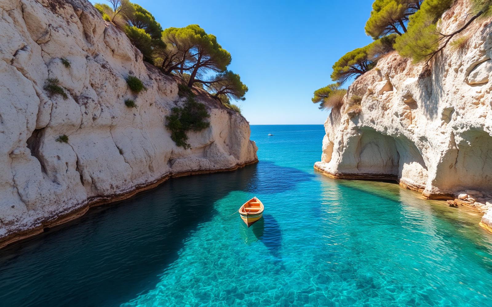 Cala mediterránea de aguas turquesa en Mallorca con pinos sobre los acantilados