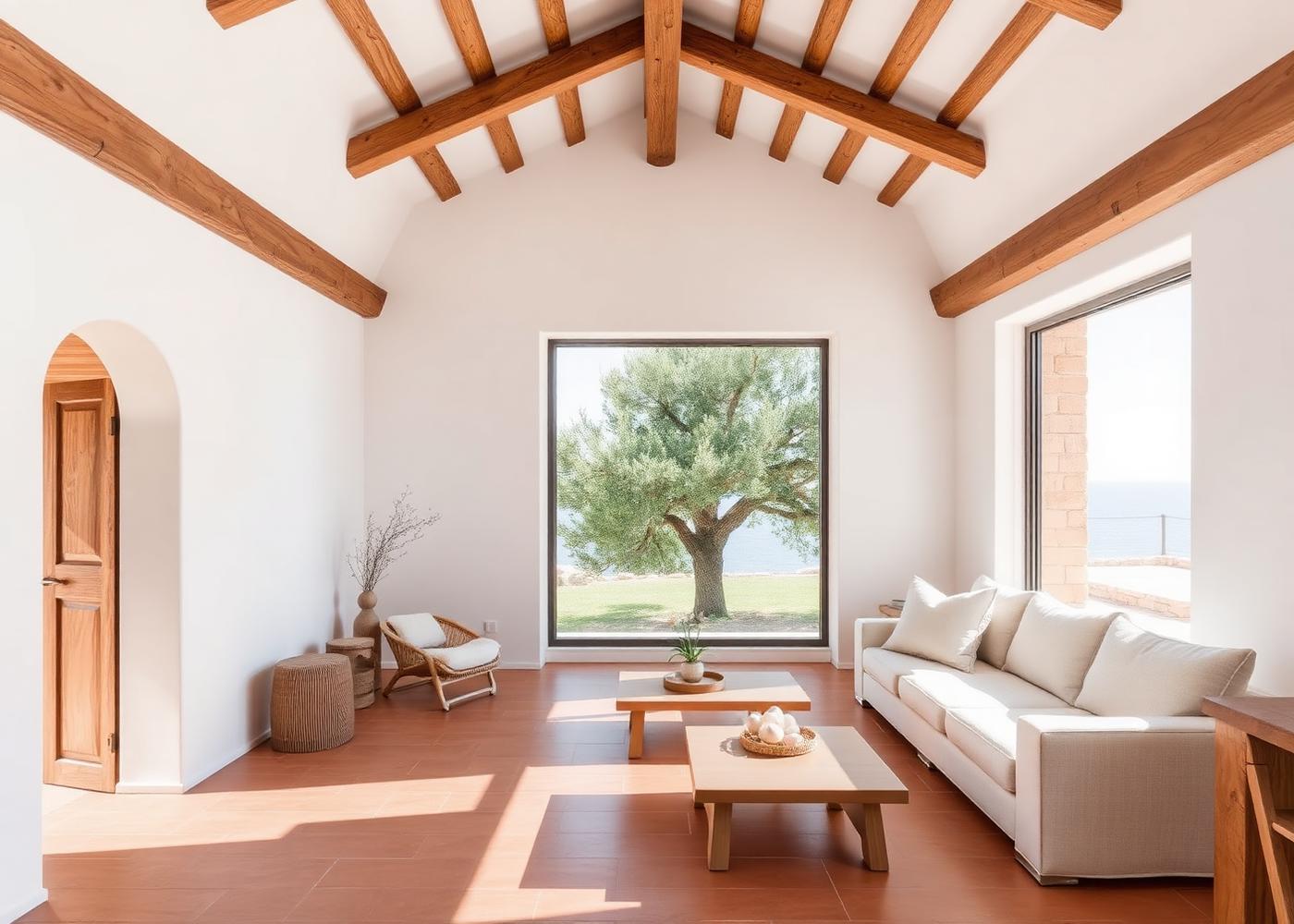 Interior luminoso de una villa mediterránea con vigas de madera y olivo en la ventana
